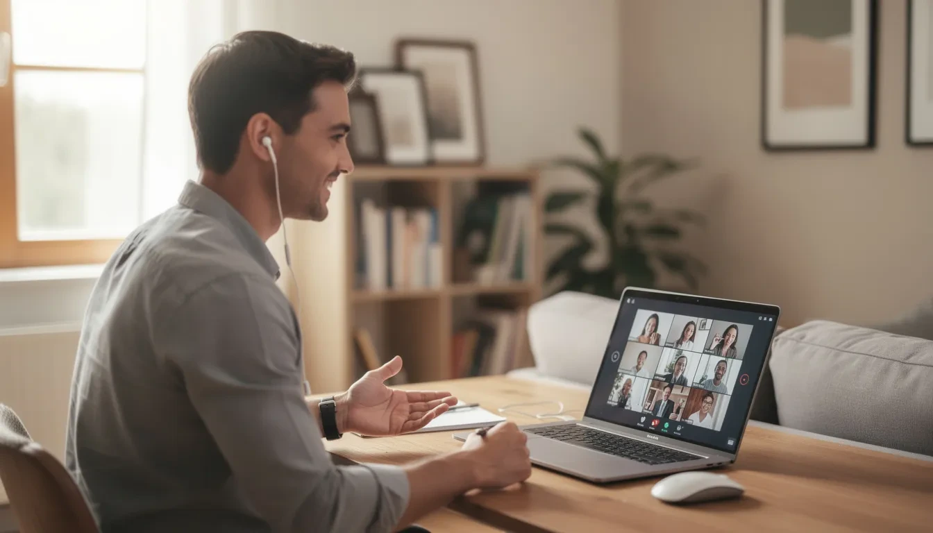 A mid-career professional is engaged in a video call networking session from their home office, surrounded by books and a laptop, as they explore career possibilities and seek actionable advice for their next chapter. This setting reflects their commitment to career reinvention and continuous learning in pursuit of a brighter future.
